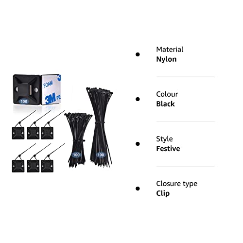 200 Pcs Cable Ties Black 100 Pcs Self Adhesive Wire Tie Mount Base Holders， Cable Clips with Strong Self Adhesive Pads ，Cable Management Set for Home 、 Office、Warehouse, (cable tie with base-001)