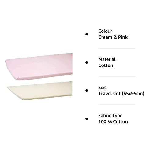 Dudu N Girlie Cotton Travel Cot Sheets Fitted   Travel Fitted Sheet 95x65   Jersey Soft Bedsheet Hypoallergenic Elasticated Breathable Fitted Cot Sheets (Pack of 2, Cream & Pink)