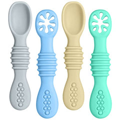 Vicloon Baby Fork and Spoon Set, 4Pcs Silicone Spoon Baby Weaning Spoon Set Self Feeding Utensil Easy Grip Soft Baby Spoon, Toddler Cutlery Kit for Infant Toddler Children First Led Training Weaning