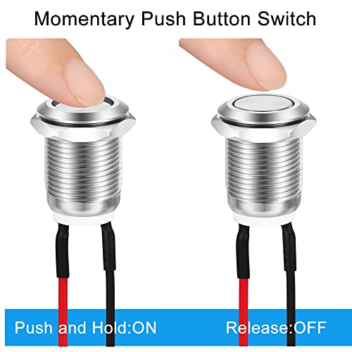 Gebildet 5pcs Prewired Waterproof Push Button Momentary Stainless Steel Push Button On Off 12mm 2A 12V/24V/125V/250V AC (Flat Head)