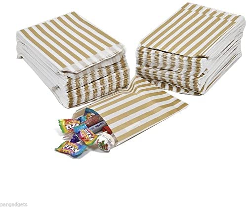 100 5 inches x 7 inches Striped Candy Sweet Paper Bags   Wedding Buffet Favour Cake Gift Pick n Mix Shop   Premium Quality UK Made (Gold, Qty: 100 Bags)