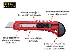 Fit For The Job 18mm Lightweight Retractable Snap Off Blade Utility Knife with Multi Position Push Button Adjust for DIY, Home and Arts & Crafts with 7 Stainless Steel Snap Off Sections