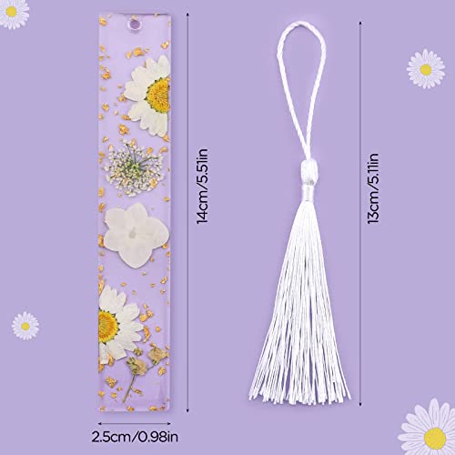 PROUSKY Pressed Flower Bookmark, Dried Flower Resin Bookmarks, Pressed Floral Reading Page Markers with Tassel Daisy Book Markers for Readers Teachers Students Birthday Gift, White, (A3Y381A)