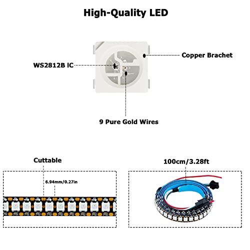 TOPAI WS2812B RGB LED Pixel Strip 1M 144LEDs, Individually Addressable Black PCB IP20 NO-Waterproof Cuttable 5050 SMD IC 5V Smart Flexible LED Lighting