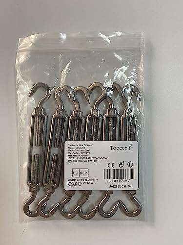 Turnbuckle Wire Tensioner M5 Stainless Steel 6pcs Hook and Eye Rope Cable Turnbuckle Strainer, Heavy Duty C to O Adjustable Garden Rope Tension Set for Sun Shade, Tent, Climbing Plants Fence