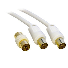 5M Metre TV VCR Video Aerial Coaxial Fly Lead / Cable Male to Male White and Female Coupler - Gold