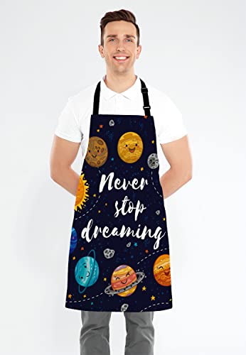 Wasach Never Stop Dreaming Apron, Motivational Quote Apron, Outer Space Apron, Cute Planets and Star Cluster Solar System Moon and Comets Sun Cosmos Apron