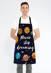 Wasach Never Stop Dreaming Apron, Motivational Quote Apron, Outer Space Apron, Cute Planets and Star Cluster Solar System Moon and Comets Sun Cosmos Apron