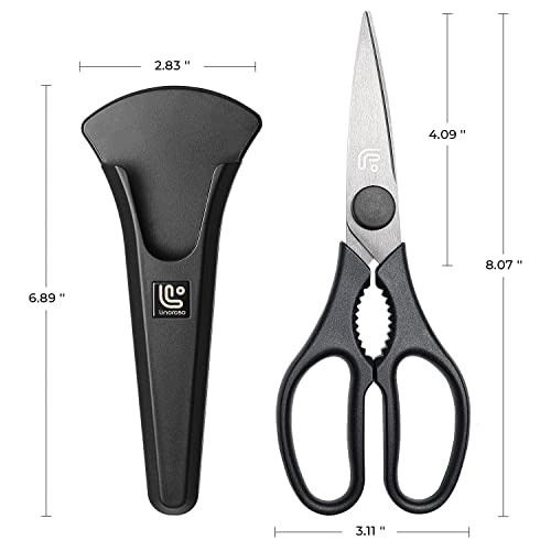 Linoroso Kitchen Scissor Heavy Duty Ultra Sharp Utility Scissors with Magnetic Holder Cooking Cutting Stainless Steel Food Shears for Meat Poultry Fish Chicken Pizza Vegetables Herbs BBQ Nuts - Black