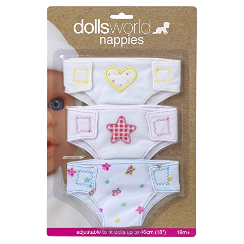 DOLLSWORLD from Peterkin   3-Pack Fabric Doll Nappies   Adjustable and reusable fabric dolls nappies   Dolls & Accessories   Ages 18m and