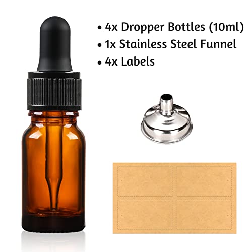 AOZITA 4 x 10ml Amber Brown Glass Bottles with Dropper Pipettes - Come with 1 Stainless Steel Funnel & 4 Lables - Tincture Dropper Bottles for Essential Oils, Aromatherapy Blends, Liquids