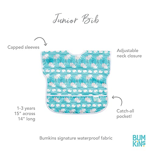 Bumkins Junior Bib, Adjustable Hook & Loop Closure, Catch-All Pocket, Baby-Led Weaning, Waterproof, Machine Washable, Stain & Odour Resistant, BPA Free, 1-3 Years, Whale Design