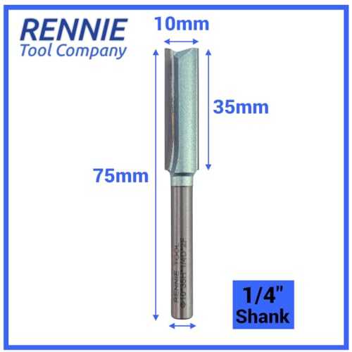 Rennie Tools - 10mm Cutting Diameter x 35mm Flute x 1/4 inches Shank TCT Tipped 2 Flute Straight Router Cutter Bit. Compatible With Makita Bosch Trend Katsu Dewalt Router Etc. 10mm Router Bit