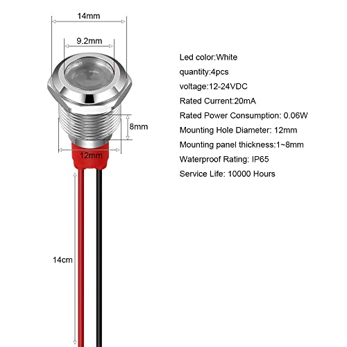 GUUZI 12mm LED Indicator Light 12-24V Waterproof Signal Light Metal Panel LED Indicator Signal Light Panel Mount Flat Head with Wires Silver Shell (White, 4Pcs)