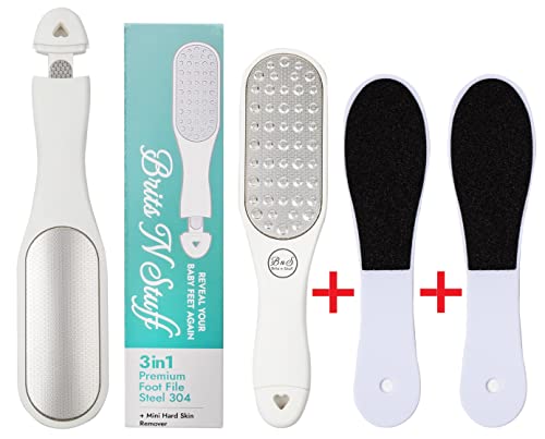 3-in-1 Professional Pedicure Foot File for Hard Skin - Anti Rust Stainless Steel Callus Remover for Cracked Heels - Easy to Use & Anti Skid Design - Foot Care Tool for Dry and Dead Skin - BNS