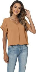 Yommay Blouses for Womens V Neck Ladies Tops Summer Chiffon Blouses Tops Short Sleeve Casual T Shirts,Brown,M