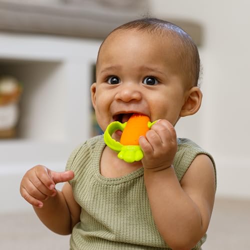 Infantino - Lil' Nibble Teethers - Carot Toother - Toy Toother - Silicone Soft-Textured Teether - Sensory Exploration - Teething Relief - Easy to Hold Handles - 0 Month and - 1 Unit - Multicolor