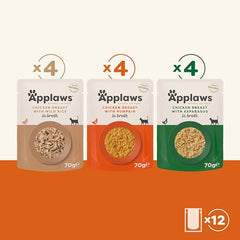 Applaws 100% Natural Wet Cat Food, Pouch Multipack Chicken Selection in Broth 70g, (12 x 70 g Pouches)