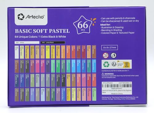 Artecho Soft Pastel Set of 66, 64 Colours Including Extra Black & White, Premium Square Chalk for Drawing, Blending, Layering, Shading, Art Supplies for Kids, Beginners, Students, Experienced Artists