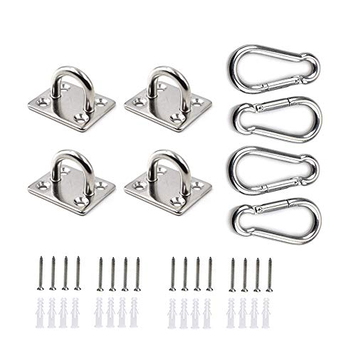 HOMPER 4Pcs M6 304 Stainless Steel Oblong Pad Eye Plate and 4Pcs Carabiner Clips, Marine Hardware Staple Hook Loop With 16 Screws and Plastic Plugs