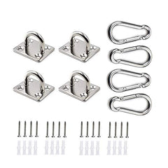 HOMPER 4Pcs M6 304 Stainless Steel Oblong Pad Eye Plate and 4Pcs Carabiner Clips, Marine Hardware Staple Hook Loop With 16 Screws and Plastic Plugs