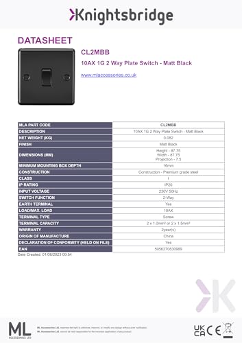 Knightsbridge 10AX 1G 2 Way Plate Switch - Matt Black