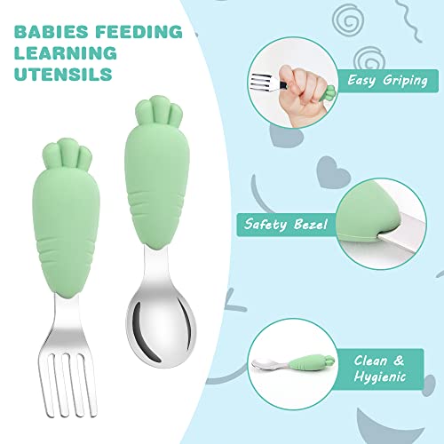 Vicloon Toddler Fork and Spoon, 4 Pcs Stainless Steel Baby Utensils Cutlery Set, Toddler Utensils Spoons Forks Self Feeding Learning Spoons, Children Flatware Weaning and Learning to Use