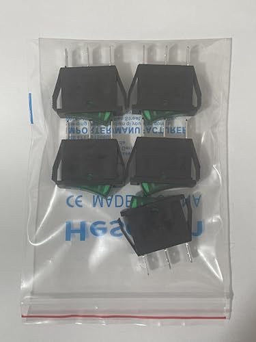 Heschen Rocker Switch, ON-OFF, SPST, 3 Terminals, Green Light, 16A 250VAC, 5Pack