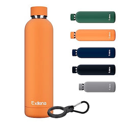 Exllena Insulated Water Bottles 1L with Water Bottle Buckle, Double Wall Stainless Steel Water Bottles 12 Hrs Hot/24 Hrs Cold, BPA Free for Gym, Camping, Hiking (Orange)