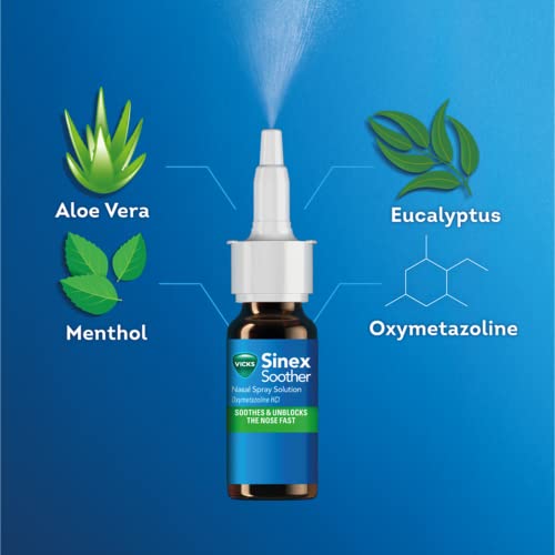 Vicks Nose Spray, Sinex Soother, Decongestant Nasal Spray For Blocked Nose Due To Cold Or Rhinitis, With Aloe Vera, Natural Eucalyptus Extract, Blocked Nose Relief With A Menthol Scent, 15 ml