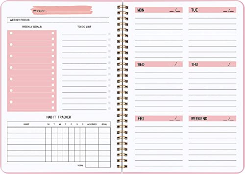 Weekly Planner Notebook, Undated A5 Planner Notebook Daily Planner To Do List Diary,Weekly Goals Planner with Habit Tracker 52 Weeks Planning for College Work Adhd Planner(Pink)