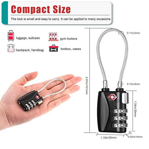 ZHEGE TSA Approved Luggage Locks, Travel Padlock, 3 Digit Combination Flexible Cable Padlock for Luggage, Suitcase, Backpack, Laptop Bag Zippers, Suitcase Locks Combination for Gym Lockers (Black)