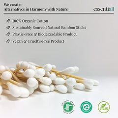 400 (4x100) Organic Premium Bamboo Cotton Buds with 100% Organic Cotton. This is a Zero Waste, Biodegradable, Plastic-Free, Eco Friendly, Vegan Product by Essentiall