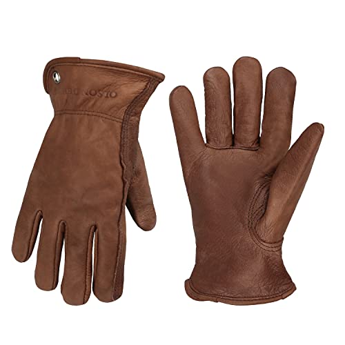 OLSON DEEPAK Cowhide Leather Gloves for Men&Women,Brown Moterbike Leather Gloves,Thorn Proof Garden Work Gloves,Outdoor Camping leather gloves (Large, Retro Brown)