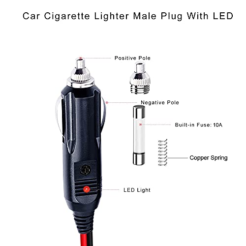 CYSSJF Car Replacement 12V Cigarette Lighter Male Plug with Leads Cigar Female Socket Plug Extension Cable Cigar Plug Charger cable 10A Fuse Protection with LED Light(1PC 8.6IN)