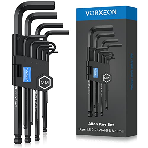 VORXEON 9PCS Allen Wrench Hex Key Set 1.5mm-10mm, Metric Long Ball End Allen Key Set L-Key with Visible Coding for Bike Motorcycle Repair Furniture Assembly Household DIY