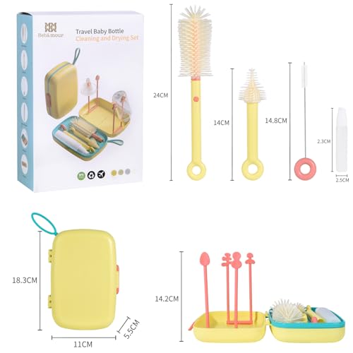 Bebamour Travel Baby Bottle Brushes for Cleaning 6 in 1 Portable Silicone Bottle Brush, Nipple Cleaner Brush, Straw Brush, Soap Dispenser and Bottle Drying Rack, Yellow