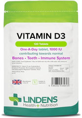 Lindens Vitamin D3 1000IU - 120 Tablets - Immune System, Bones, Teeth, UK Manufacturer Immune Support   (4 Months Supply)   Suitable for Vegetarians   Letterbox Friendly