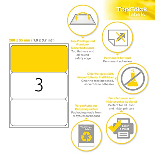 TopStick 8793 Multi-Purpose Labels, 3 Labels Per A4 Sheet, 200 x 95 mm, 300 Labels, Self Adhesive, Large Stickers for Laser and Inkjet Printers, White