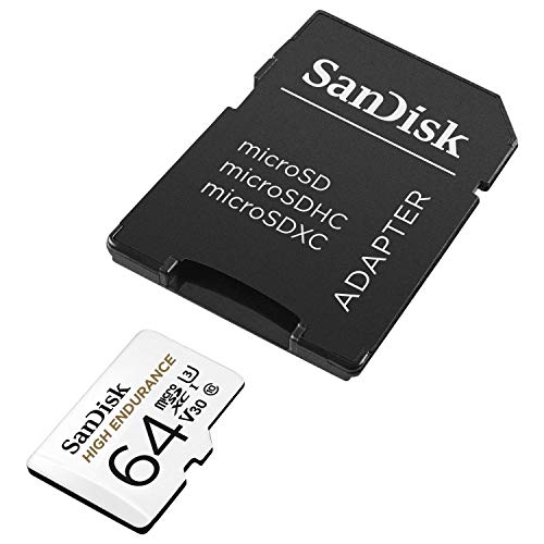 SanDisk HIGH ENDURANCE Video Monitoring for Dashcams & Home Monitoring 64 GB microSDXC Memory Card and SD Adaptor, Up to 100 MB/s read and 40 MB/s Write, Class 10, U3, V30, White