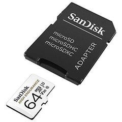 SanDisk HIGH ENDURANCE Video Monitoring for Dashcams & Home Monitoring 64 GB microSDXC Memory Card and SD Adaptor, Up to 100 MB/s read and 40 MB/s Write, Class 10, U3, V30, White