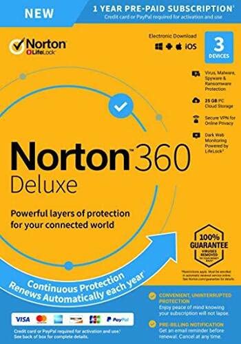 Norton 360 Deluxe 2023, Antivirus software for 3 Devices and 1-year subscription with automatic renewal, Includes Secure VPN and Password Manager, PC/Mac/iOS/Android, Activation Code by Post