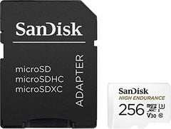 SanDisk 256GB High Endurance microSDXC card for IP cams & dash cams and SD adapter up to 20,000 Hours Full HD / 4K videos up to 100 MB/s UHS-I Class 10 U3 V30