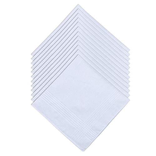 DUDU N GIRLIE Mens White Handkerchiefs Quality Cotton Gents Hankies - 12 Pack of Mans Handkerchieves Satin Border White 100% Soft Cotton Pocket Hanks