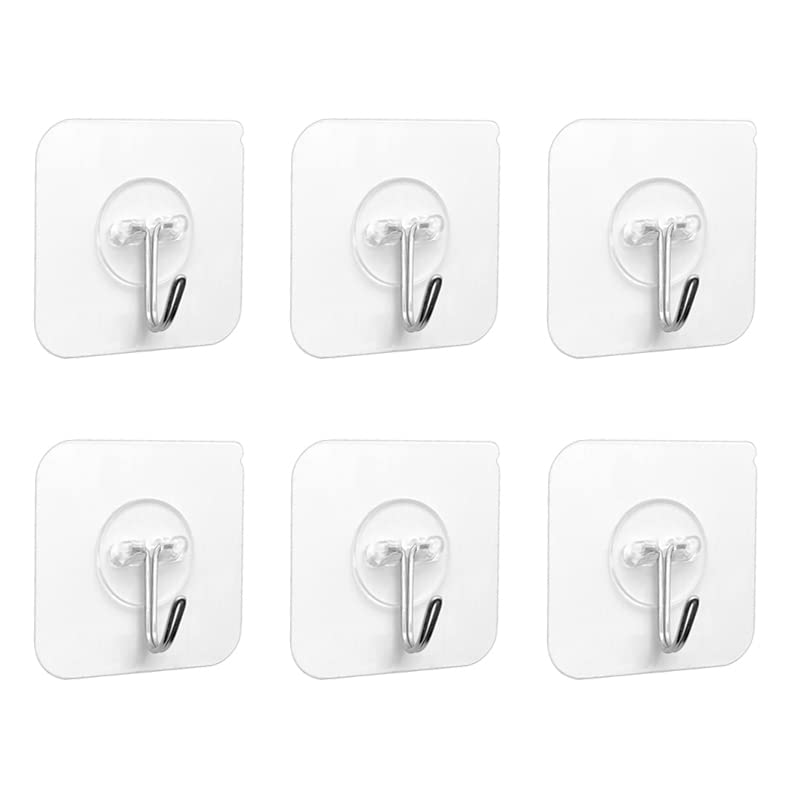 PaiLeWei 6 Pcs Adhesive Hooks - Clear Hooks Self Adhesive Plastic Sticky Hooks 5Kg (Max),Wall Hooks Stick on Hooks,Bathroom Hooks, for Hanging,Key,Plug,Kitchen Utensils,Towel