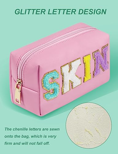 GINOYA Preppy Patch Makeup Bag, Synthetic Leather Patch Makeup Bag with Skin Chenille Letter for Purse Diaper Bag Travel