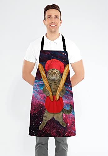 Wasach Funny Cat Apron, The beige cat baker in a red chef hat and apron is holding two loaf of french bread Adjustable Bib Apron, Cooking Kitchen Apron for Men Women