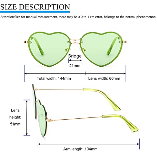 PARTY GO Heart Shape Sunglasses Woman Fashion Rimless Sunglasses UV400 Party Glasses, Green