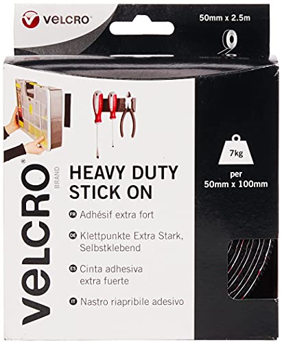 VELCRO Brand   Heavy Duty Stick On Tape   Cut-to-Length Industrial Extra Strong Double Sided Hook & Loop Self Adhesive Tape Perfect for Room Décor & Home, Office, Garage Use   Black   50mm x 2.5m