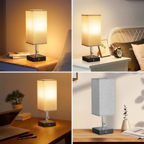 Aooshine Bedside Table Lamp, USB Bedside Lamps, Table Lamps for Bedroom with USB C and USB A Charging Ports, Bedroom Lamp with Grey Square Fabric Shade & Bedside Lamp (Bulb Not Included)